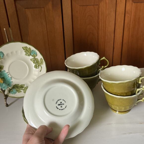 Vintage Vernon Ware by Metlox Olive Green & Blue Cups and Saucers, Set of 4 - Picture 7 of 11